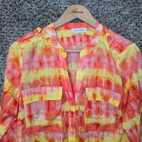 Calvin Klein Top Womens Small Orange Button Up Semi‎ Sheer Blouse Pockets Ladies - Picture 4 of 7